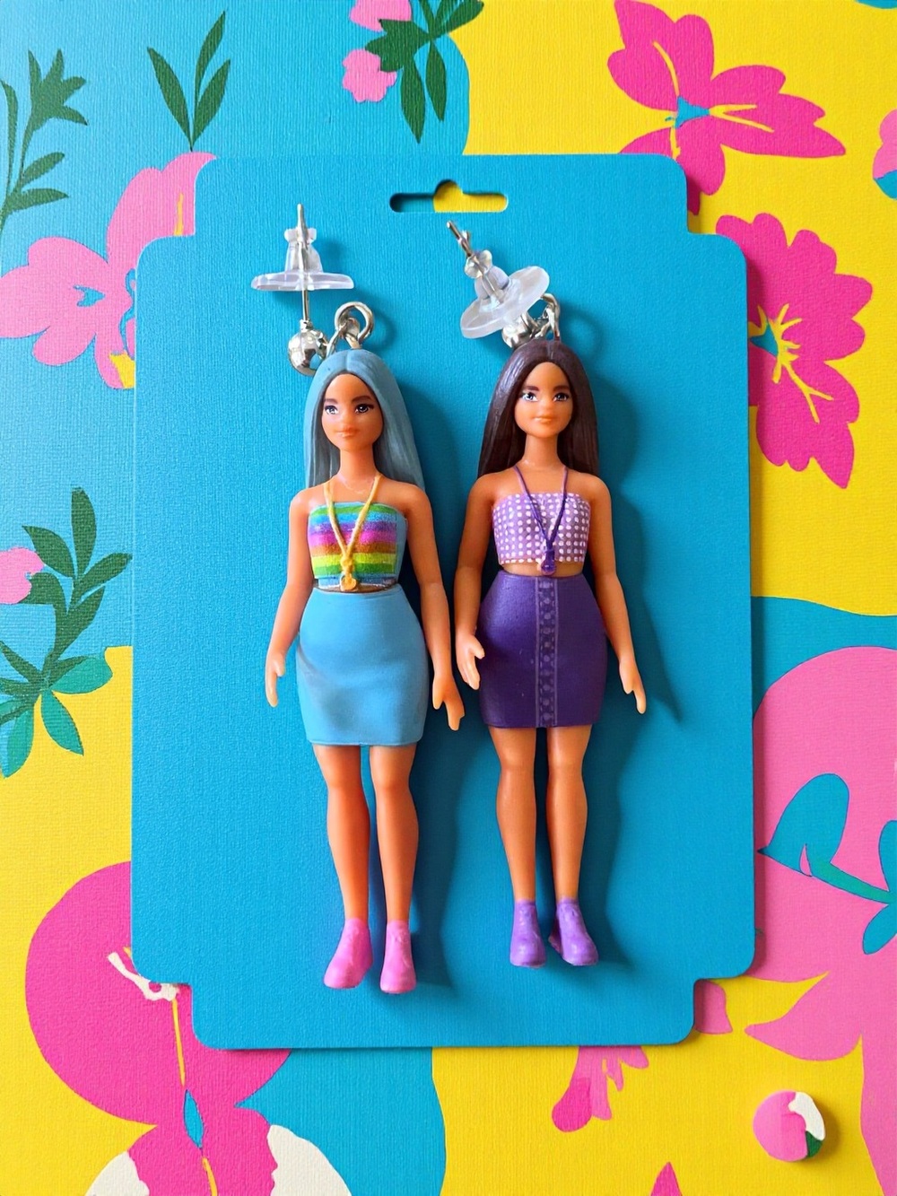 Pair of Colorful Doll Drop Earrings - Rainbow & Purple